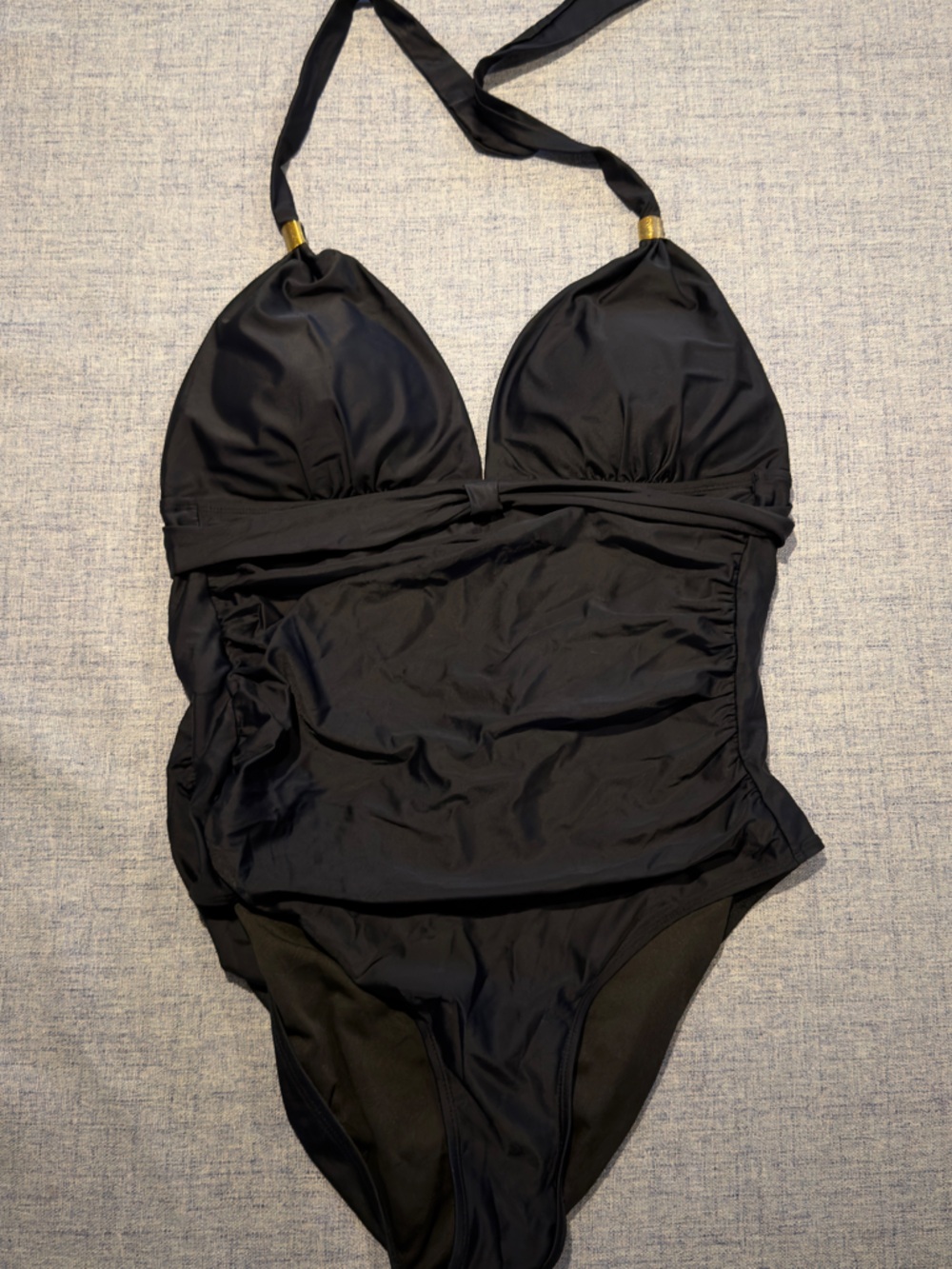Classic Black Halter One-Piece Swimsuit with Gold Detail